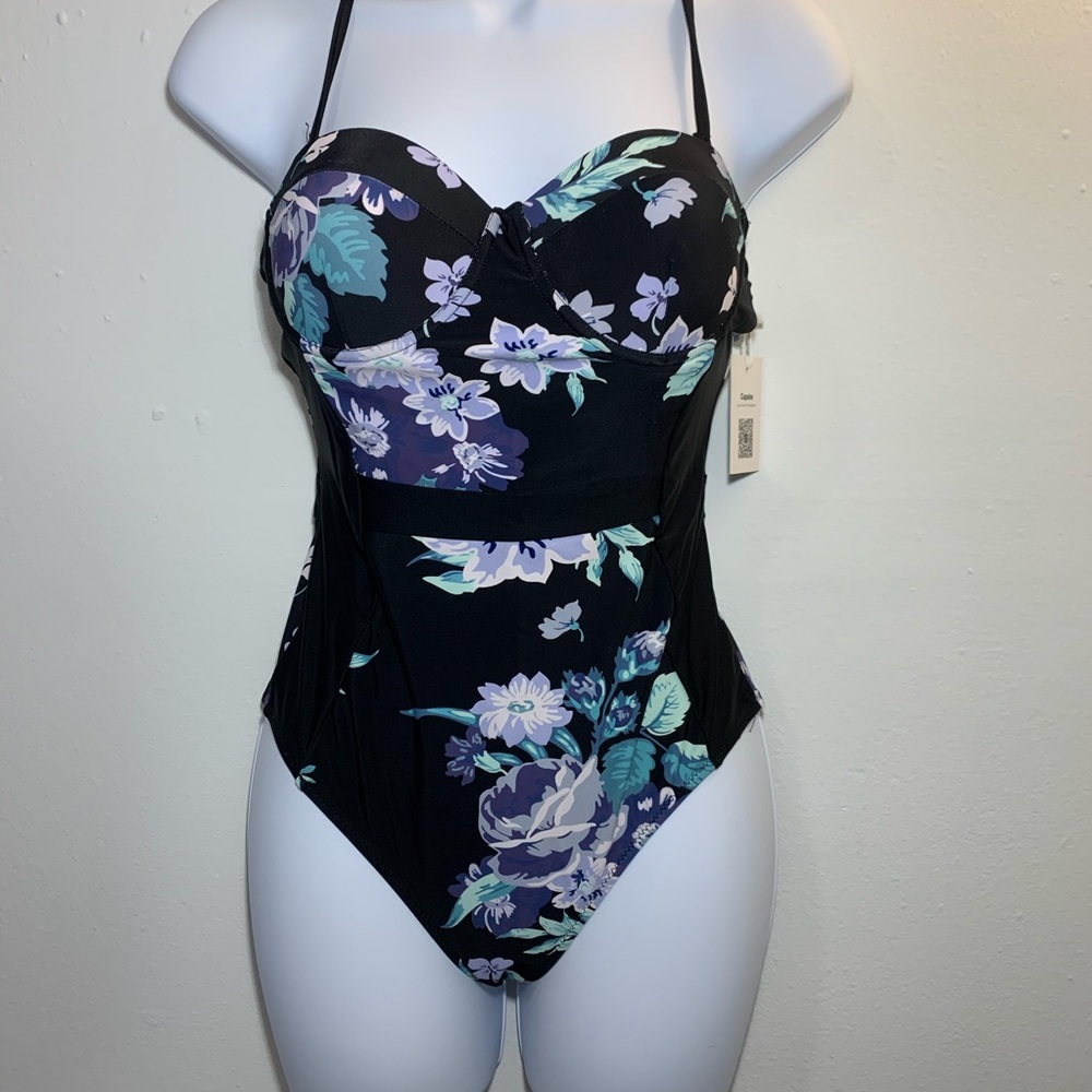 NWT Cupshe one piece Black floral swim suit Size S